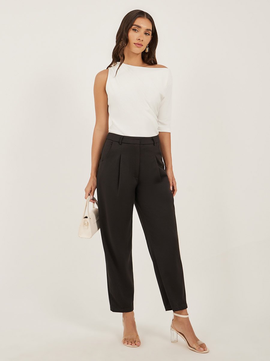 Ruched Asymmetric Neckline Fitted Top with Metal Trim