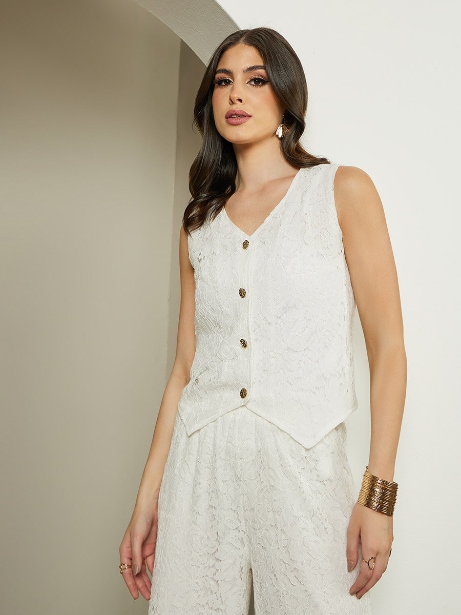 Textured Button Down Lace Vest