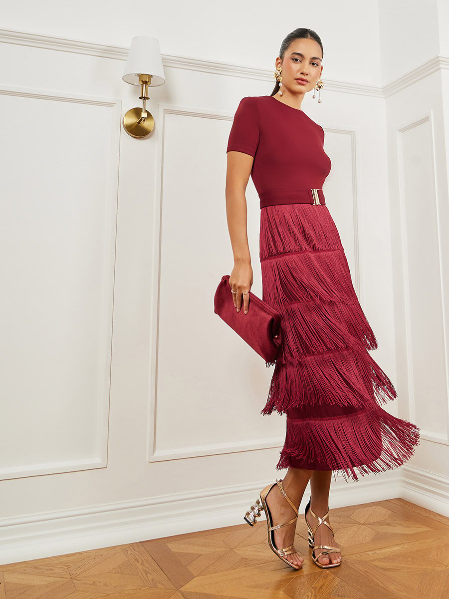 Burgundy Fringe Trim Tiered Midi Dress