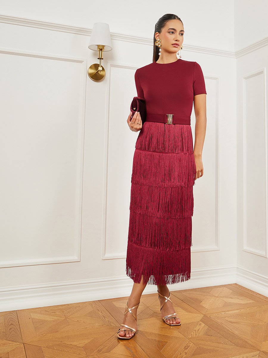 Burgundy Fringe Trim Tiered Midi Dress