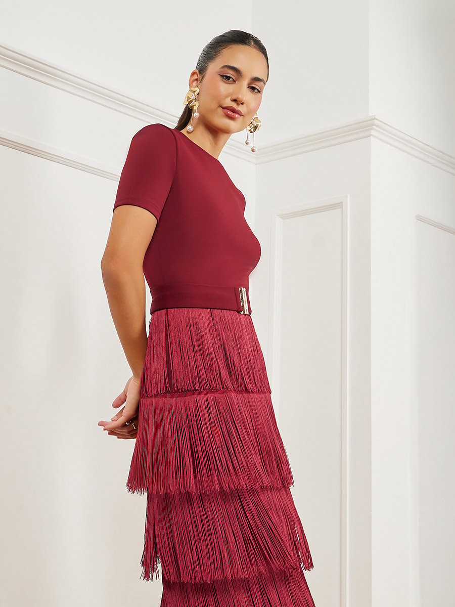 Burgundy Fringe Trim Tiered Midi Dress