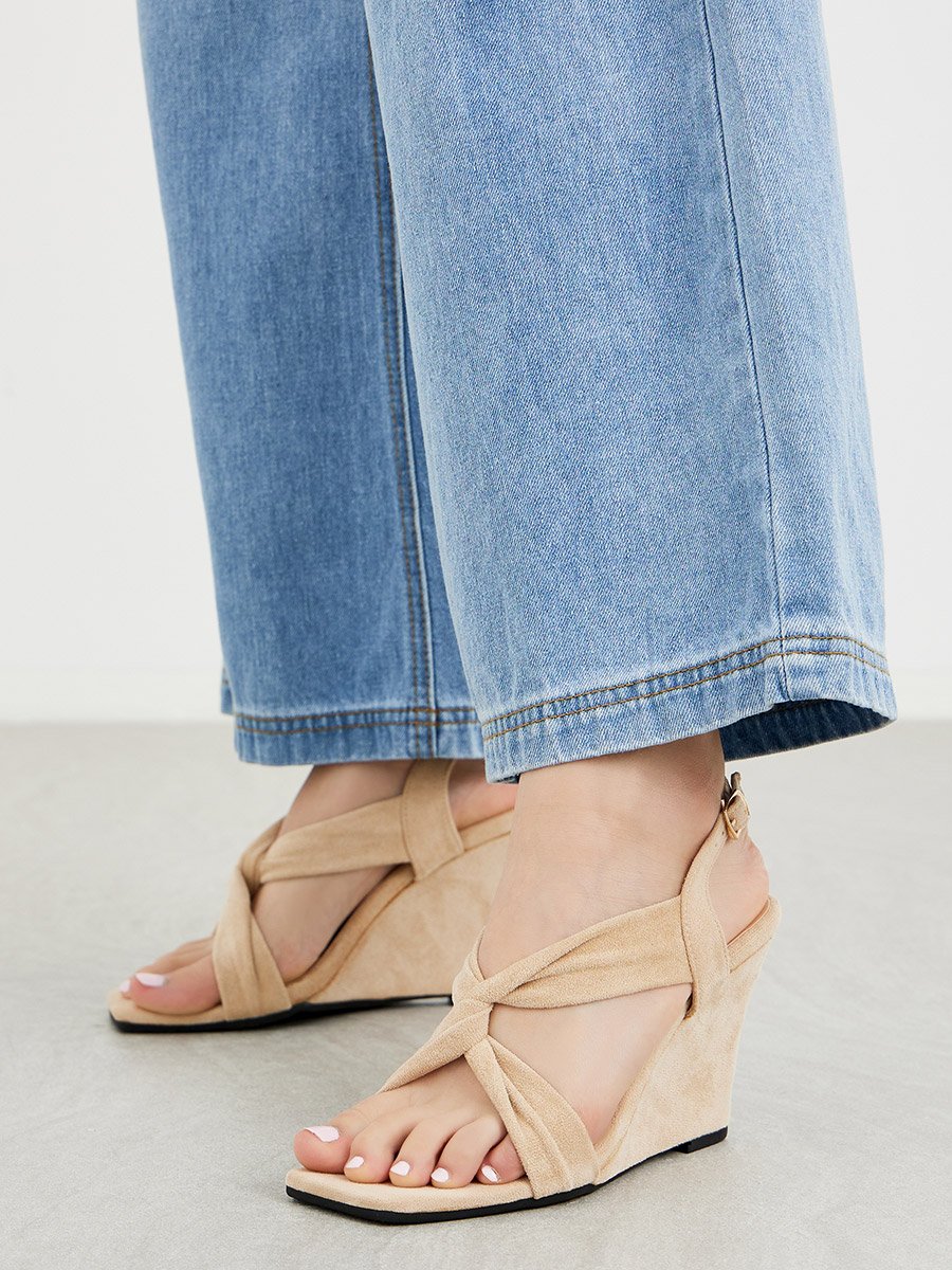 Criss Cross Strap Velvet Wedge Heel Sandals