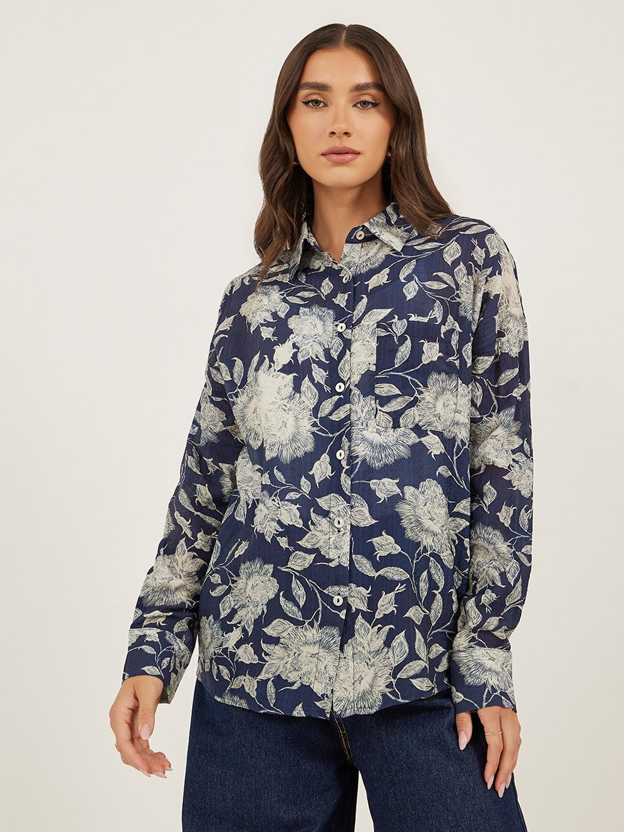 Floral Print Spread Collar Oversized Shirt