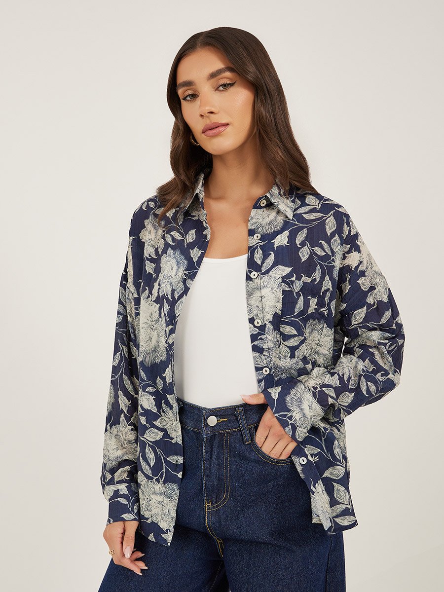 Floral Print Spread Collar Oversized Shirt