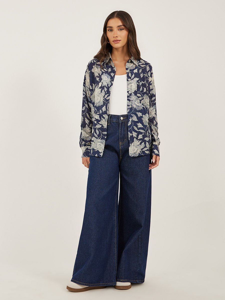 Floral Print Spread Collar Oversized Shirt