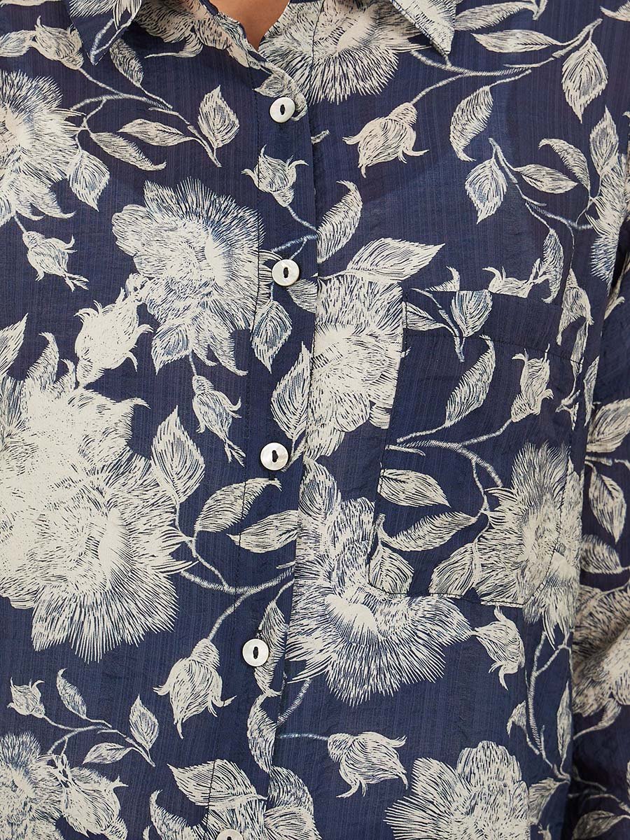 Floral Print Spread Collar Oversized Shirt