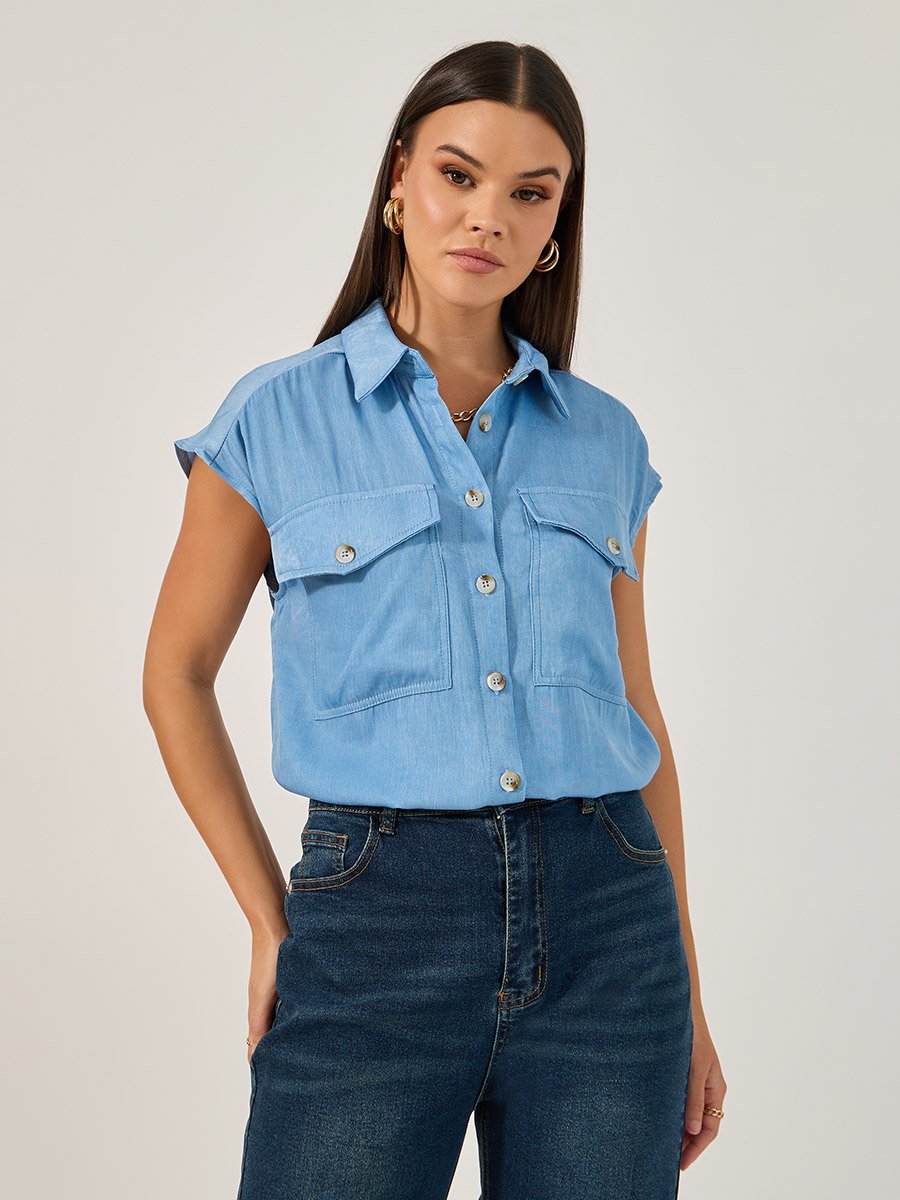 Solid Sleeveless Denim Shirt