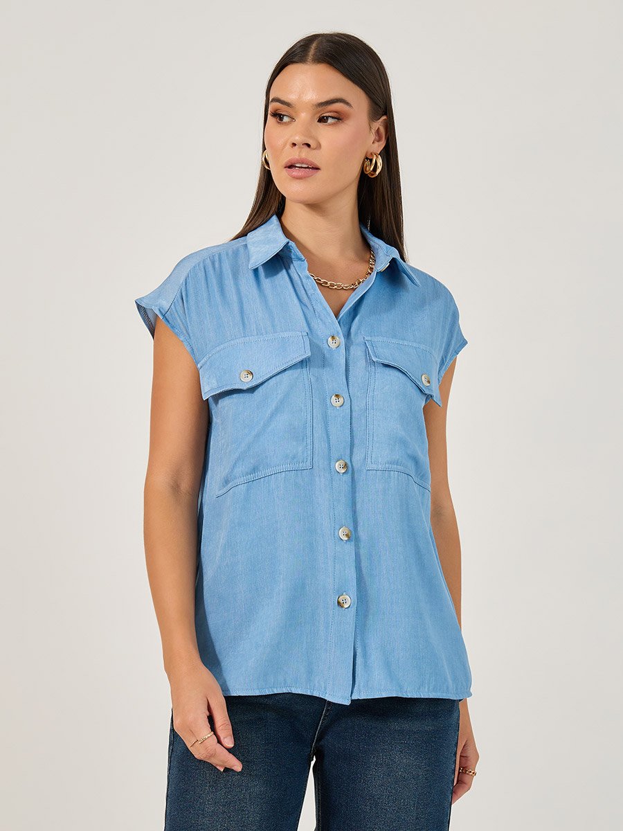 Solid Sleeveless Denim Shirt