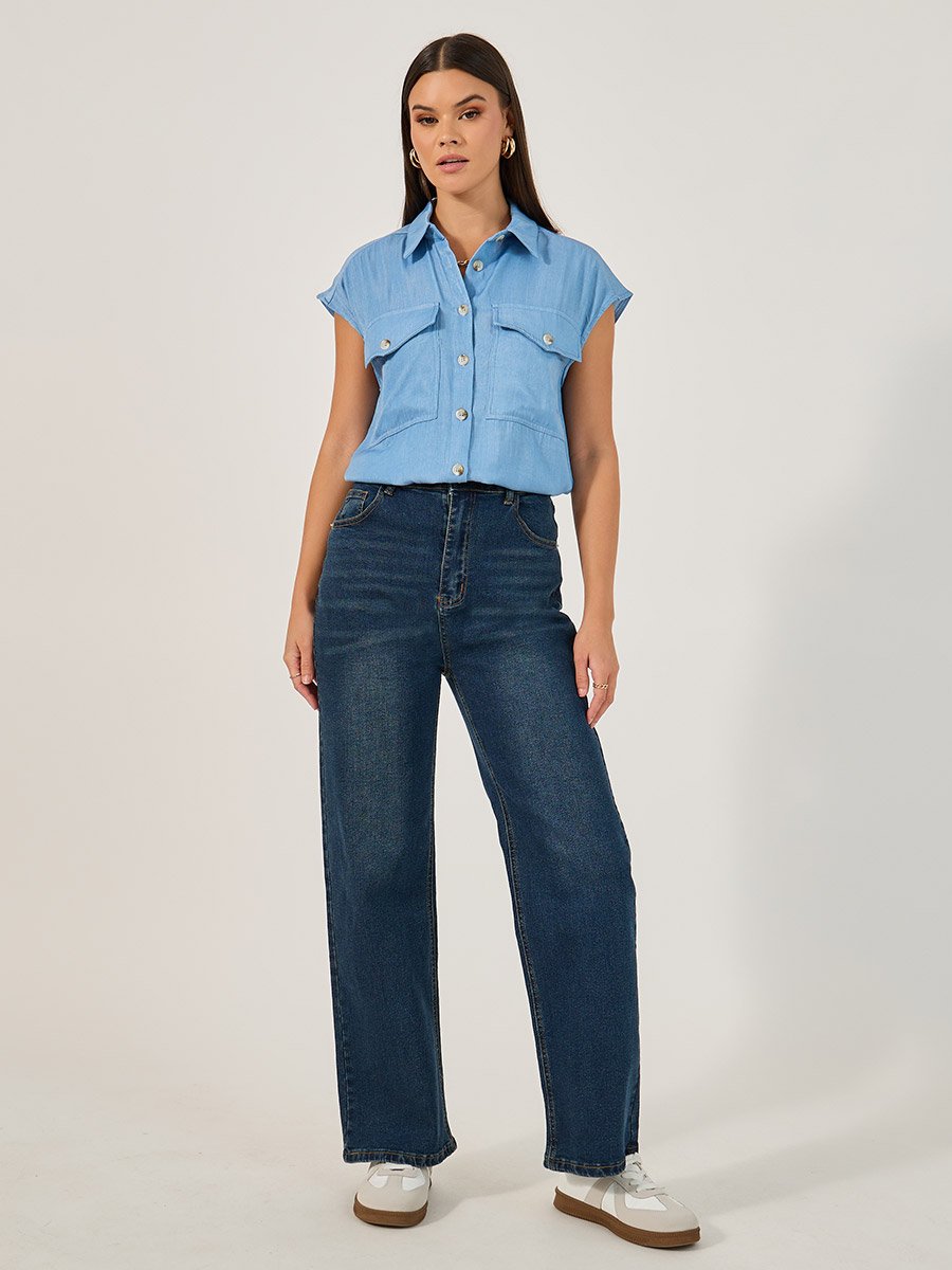 Solid Sleeveless Denim Shirt