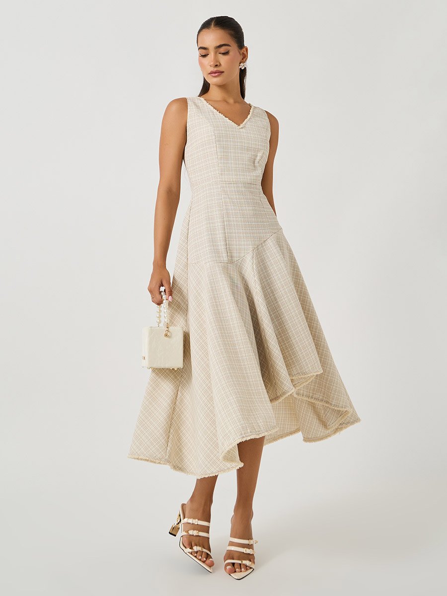 Tweed Sleeveless A-Line Midi Dress