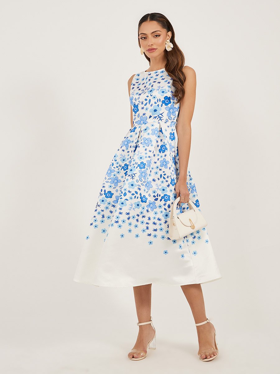 Floral Print Sleeveless Pleated A-Line Midi Dress