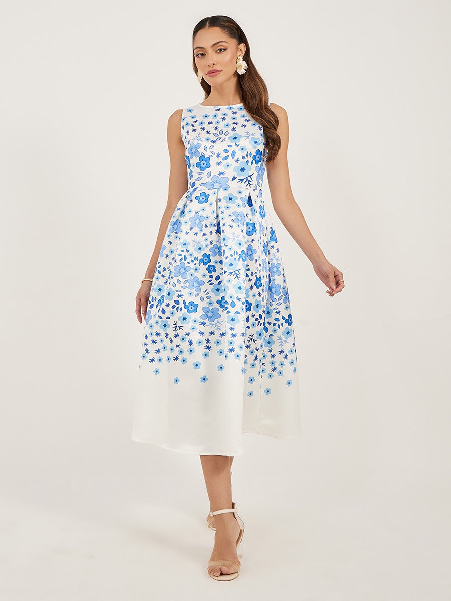 Floral Print Sleeveless Pleated A-Line Midi Dress