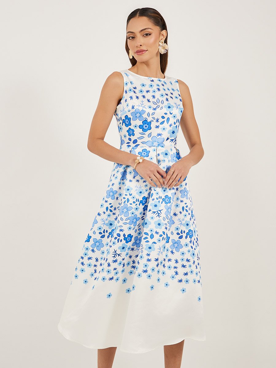 Floral Print Sleeveless Pleated A-Line Midi Dress