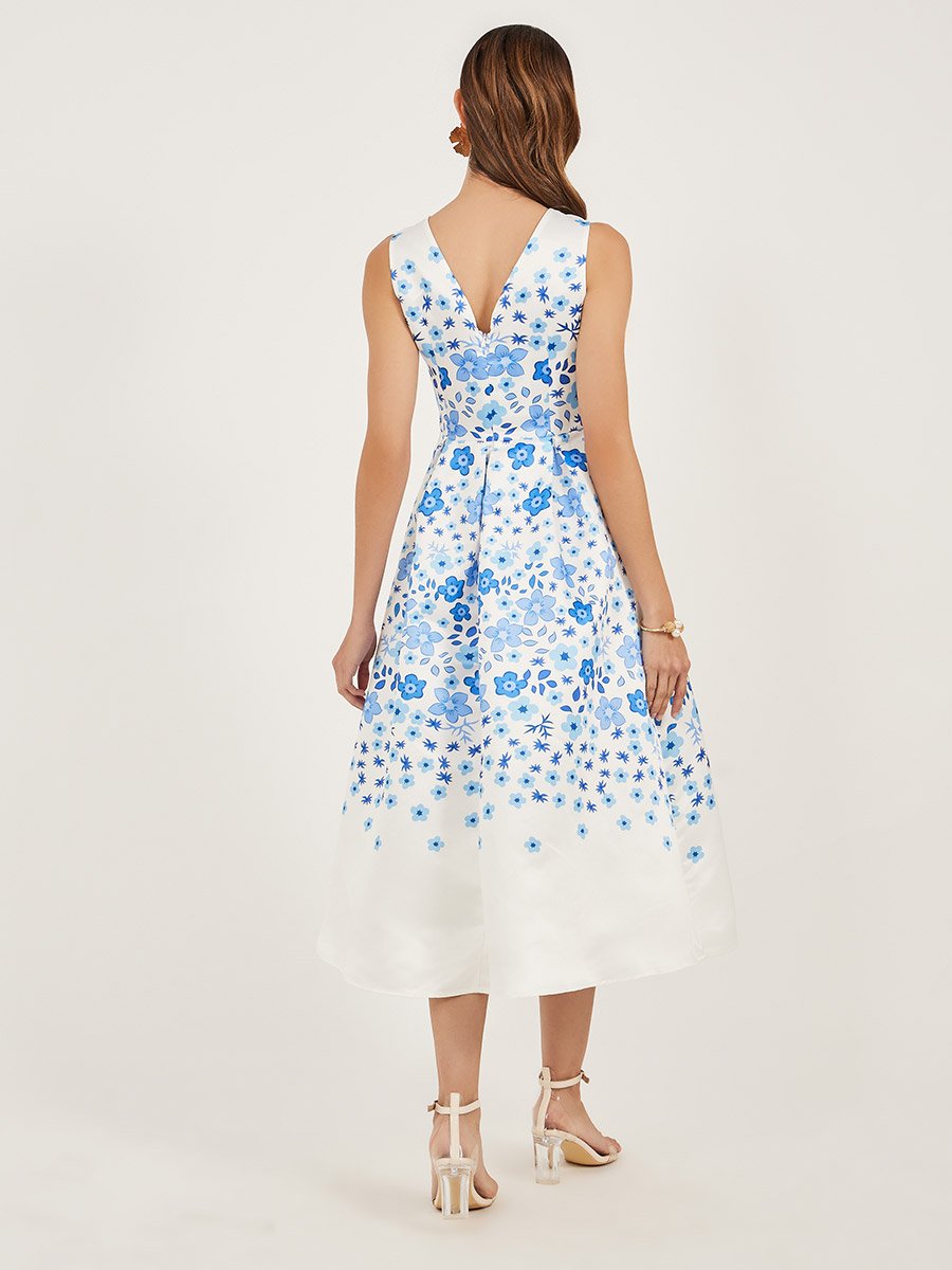 Floral Print Sleeveless Pleated A-Line Midi Dress