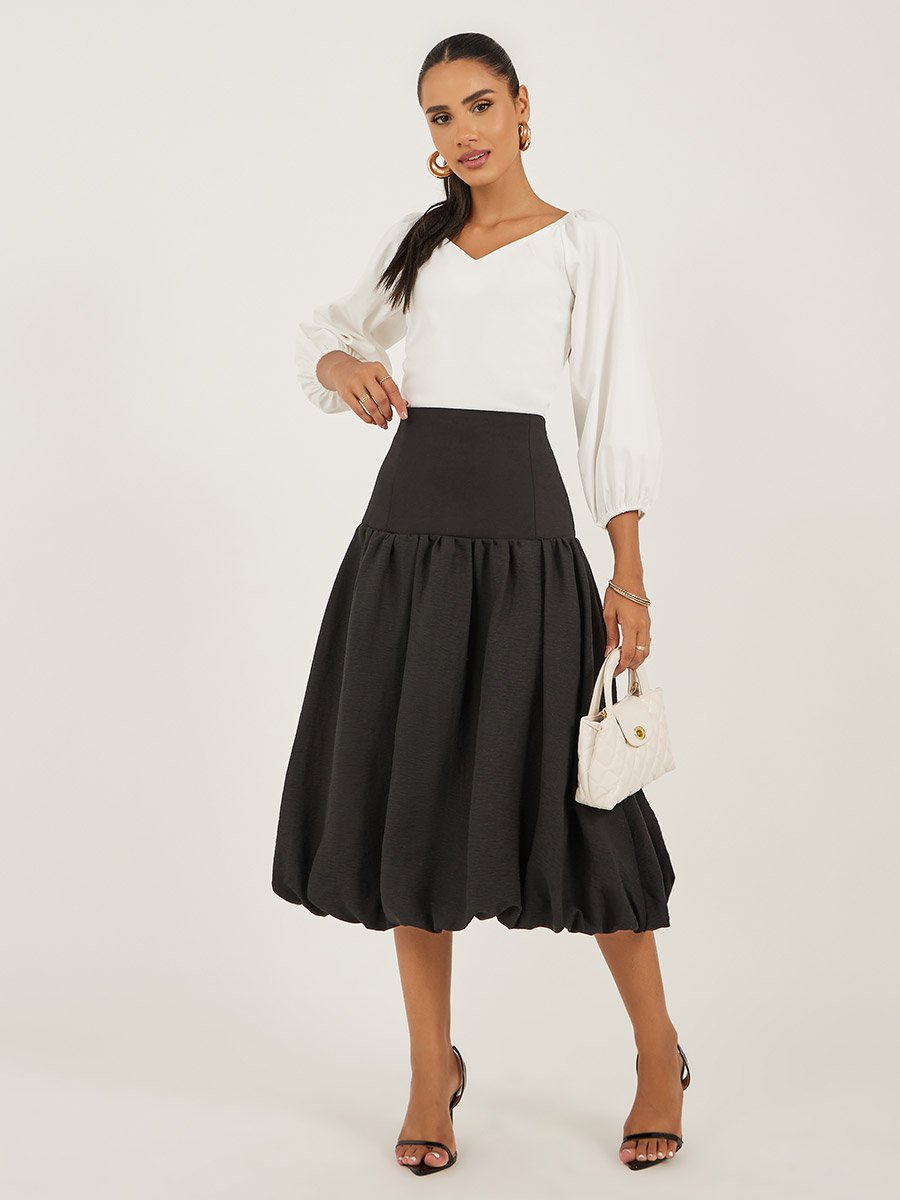 High Rise Balloon Hem A-Line Midi Skirt