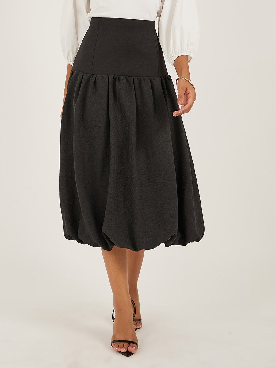 High Rise Balloon Hem A-Line Midi Skirt