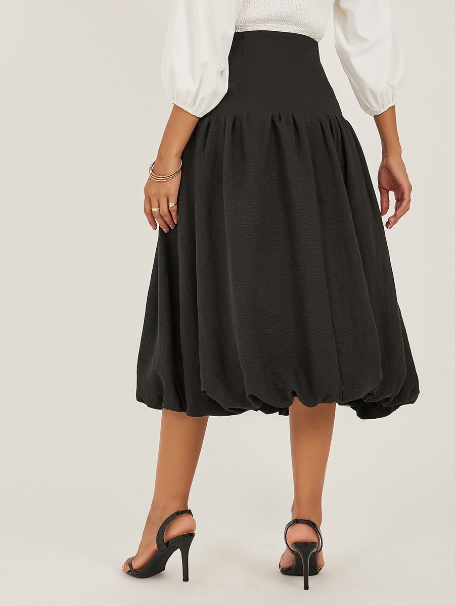 High Rise Balloon Hem A-Line Midi Skirt