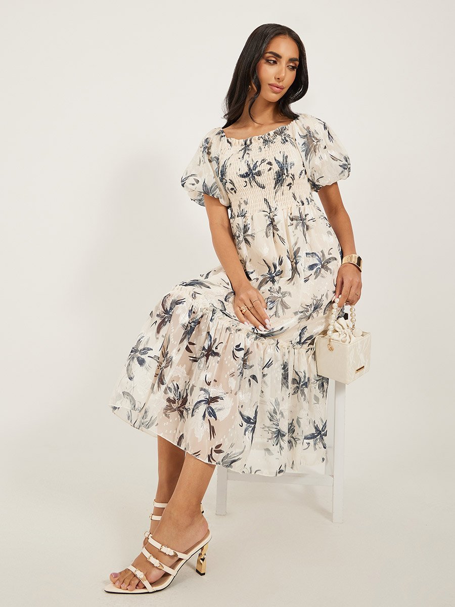 Floral Print Smocked Balloon Sleeves A-Line Midi Dress