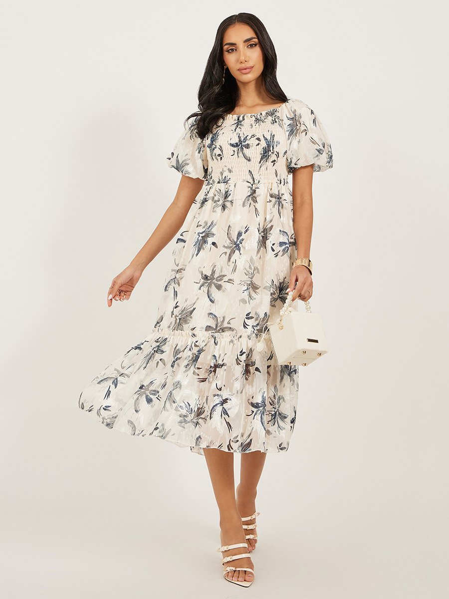 Floral Print Smocked Balloon Sleeves A-Line Midi Dress
