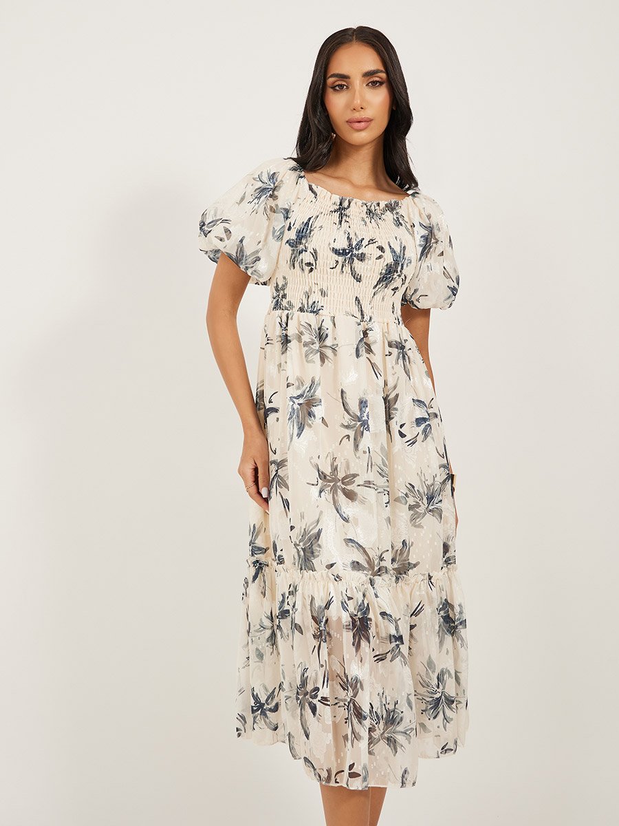 Floral Print Smocked Balloon Sleeves A-Line Midi Dress