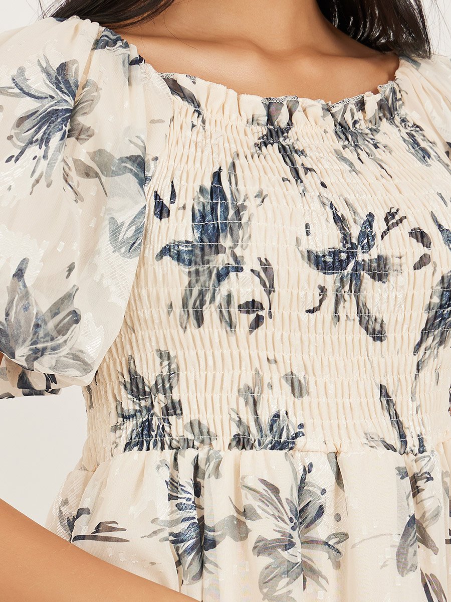 Floral Print Smocked Balloon Sleeves A-Line Midi Dress