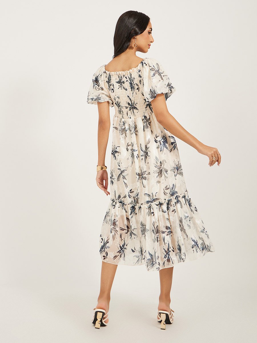 Floral Print Smocked Balloon Sleeves A-Line Midi Dress
