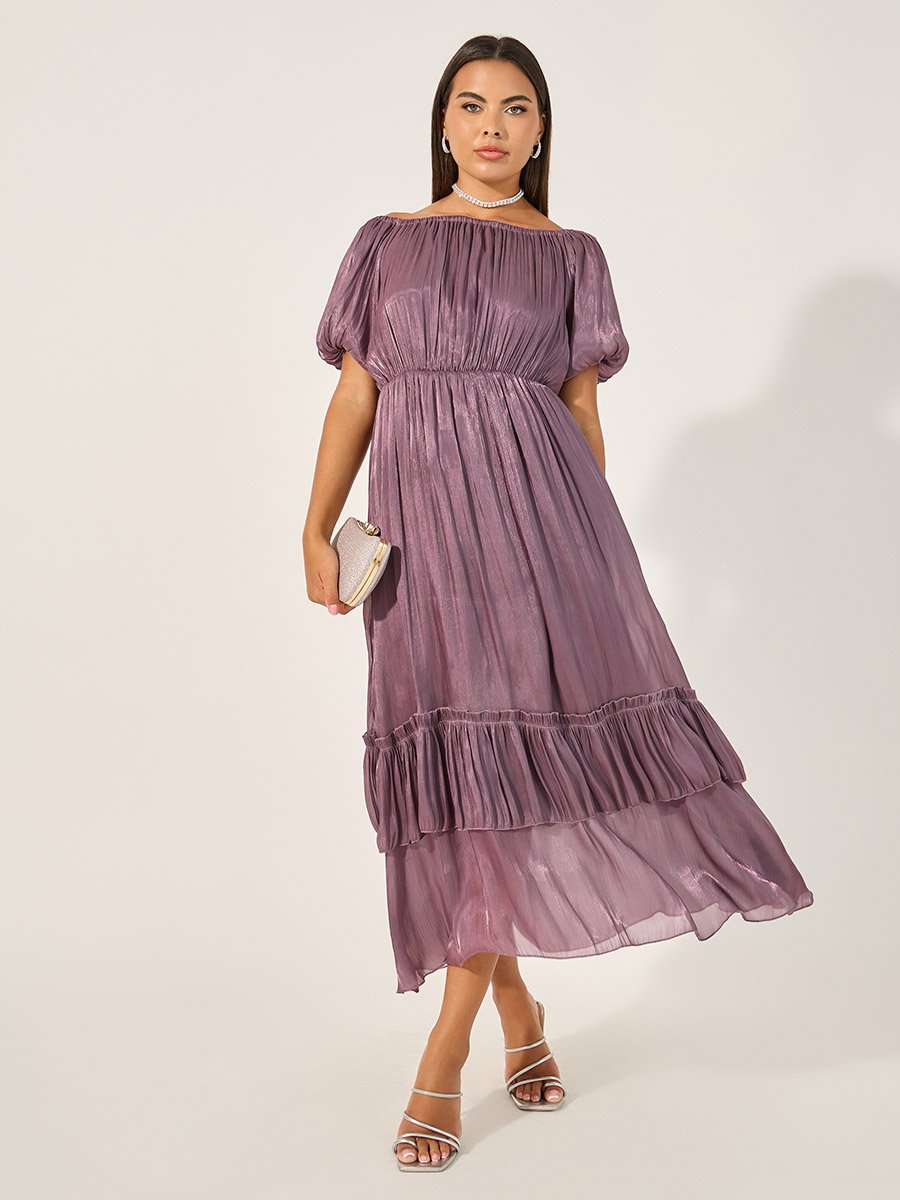 chinese dress ladies Floral Layered Surplice Balloon Sleeve Dress Cobald Blue / XL