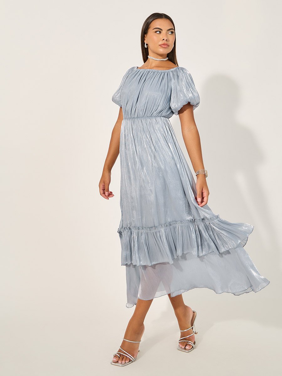 Plain Balloon Sleeves A-Line Maxi Dress with Layered Hem For Women at Kuwait | Styli Plain Balloon Sleeves A-Line Maxi Dress with Layered Hem For Women at Kuwait | Styli