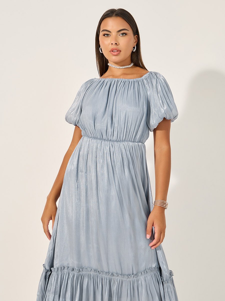 Plain Balloon Sleeves A-Line Maxi Dress with Layered Hem 