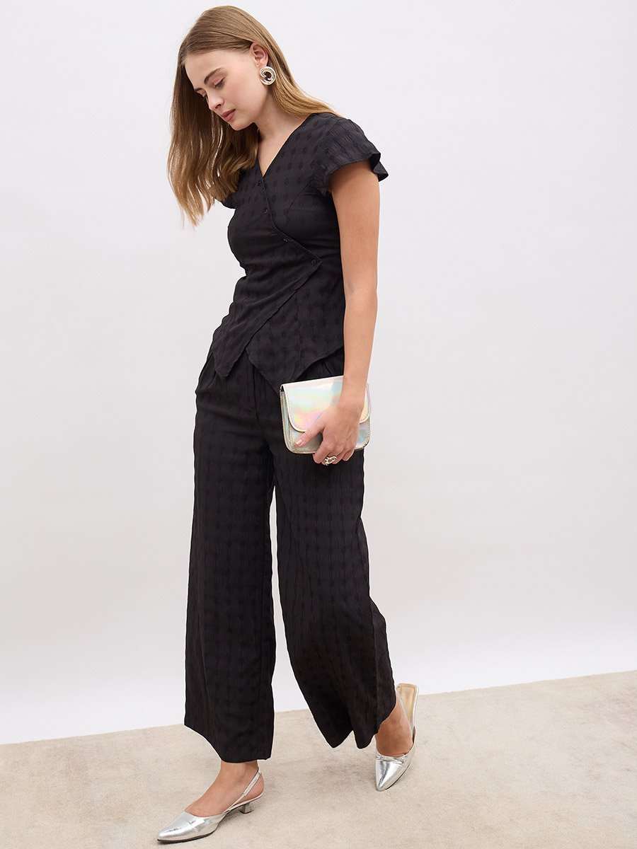 Self Design Asymmetric Hem Top and Wide Leg Pants Co-Ords