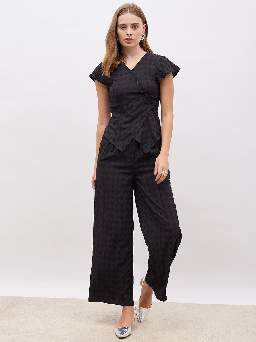 Self Design Asymmetric Hem Top and Wide Leg Pants Co-Ords