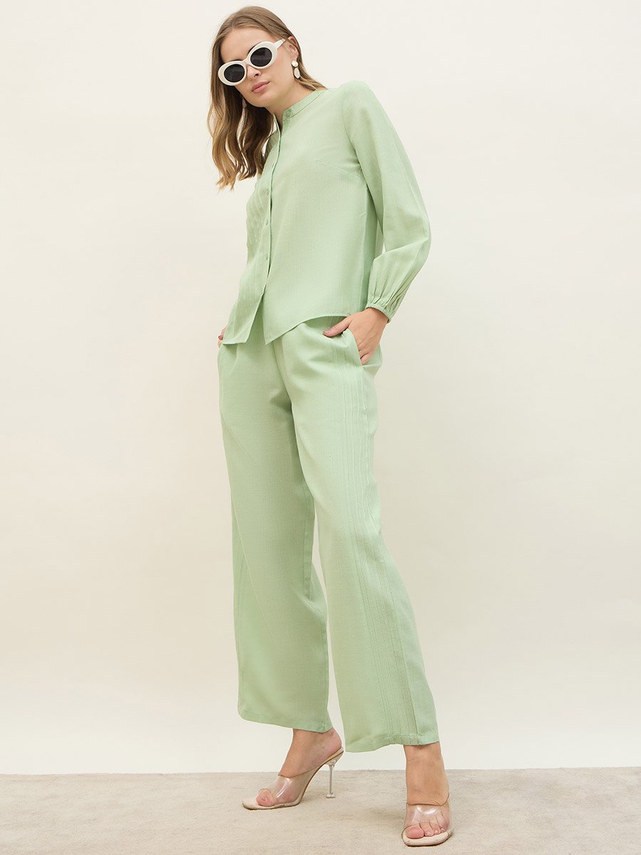 Green Pintuck Detail Slub Shirt and Pants Co-Ords