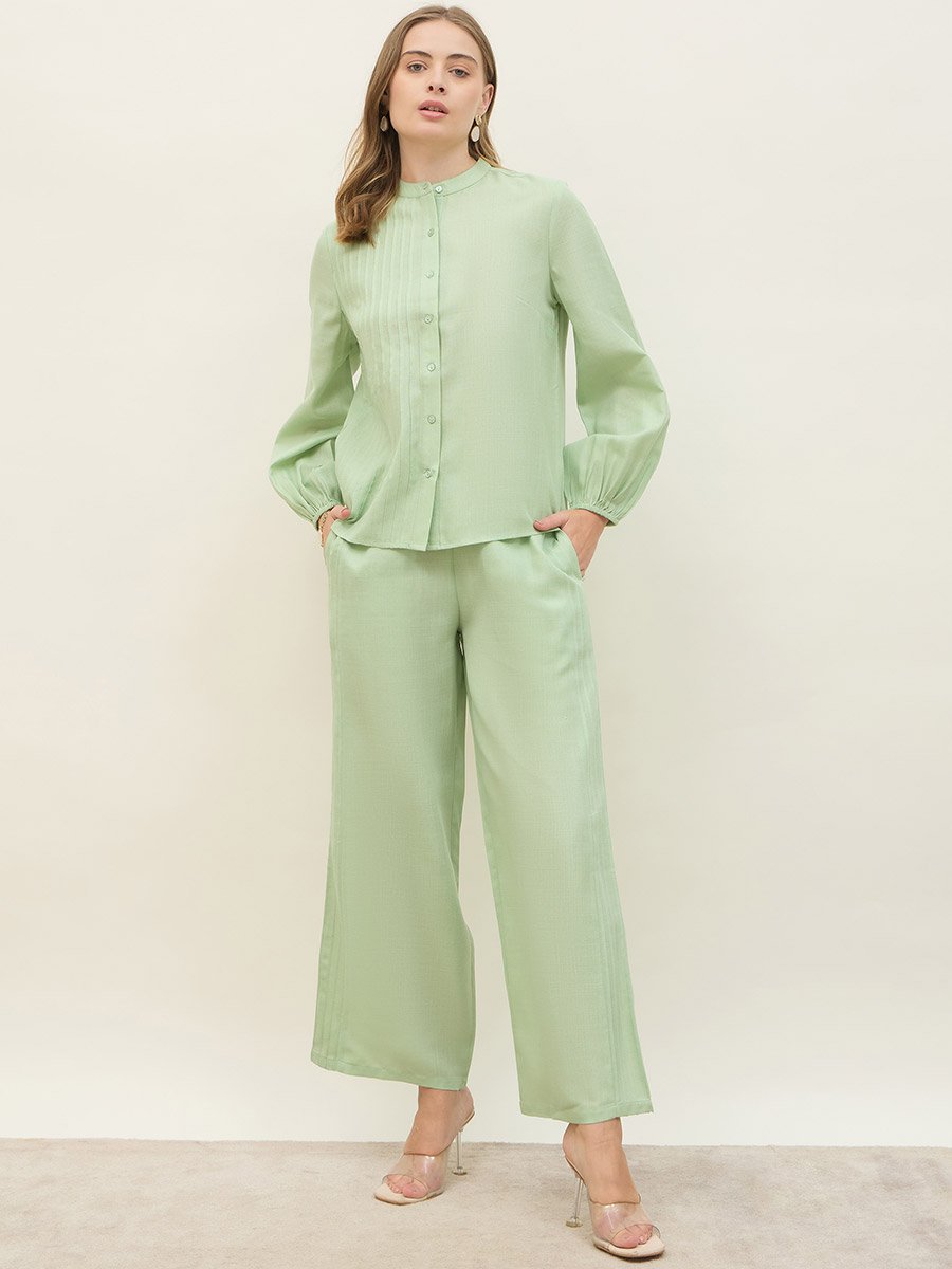 Green Pintuck Detail Slub Shirt and Pants Co-Ords