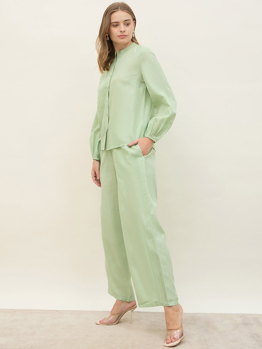 Green Pintuck Detail Slub Shirt and Pants Co-Ords