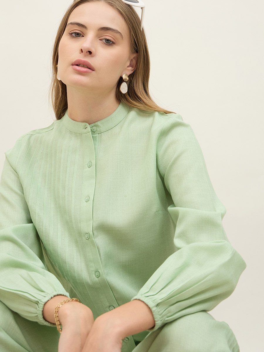 Green Pintuck Detail Slub Shirt and Pants Co-Ords
