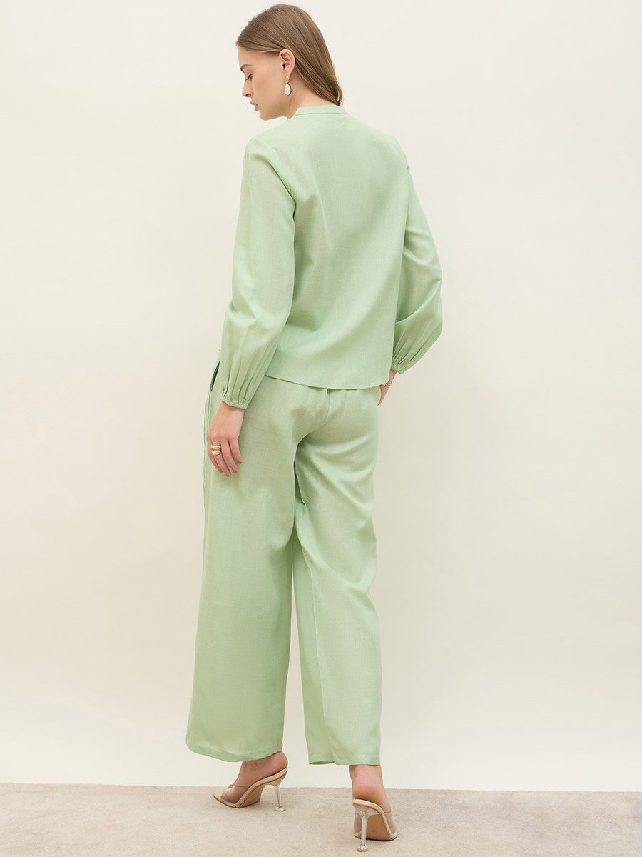 Green Pintuck Detail Slub Shirt and Pants Co-Ords