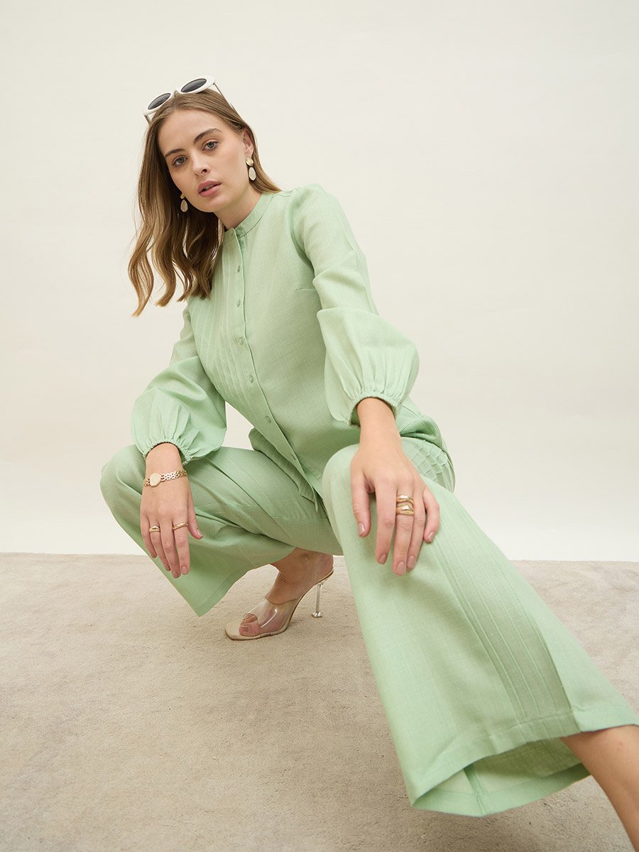 Green Pintuck Detail Slub Shirt and Pants Co-Ords