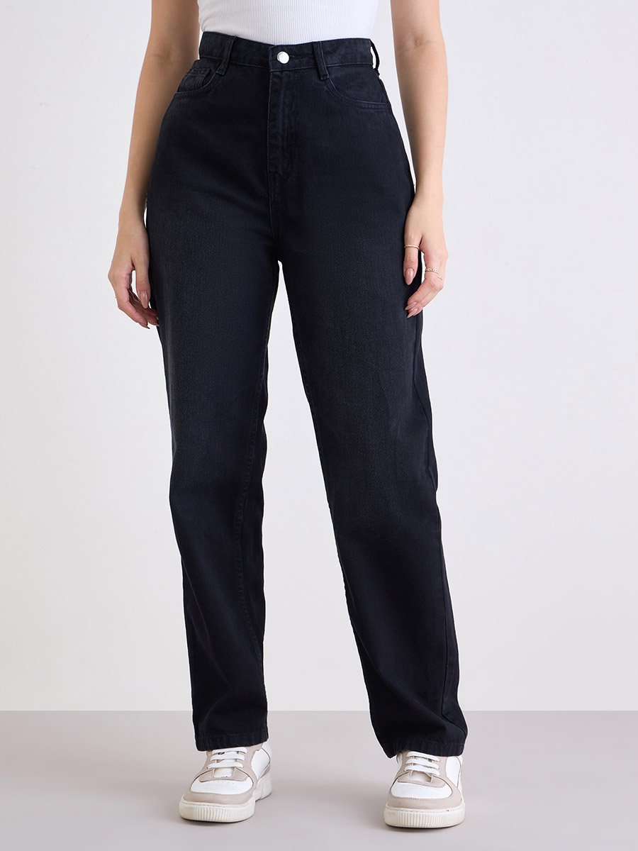 High Rise Faded Straight Fit Jeans
