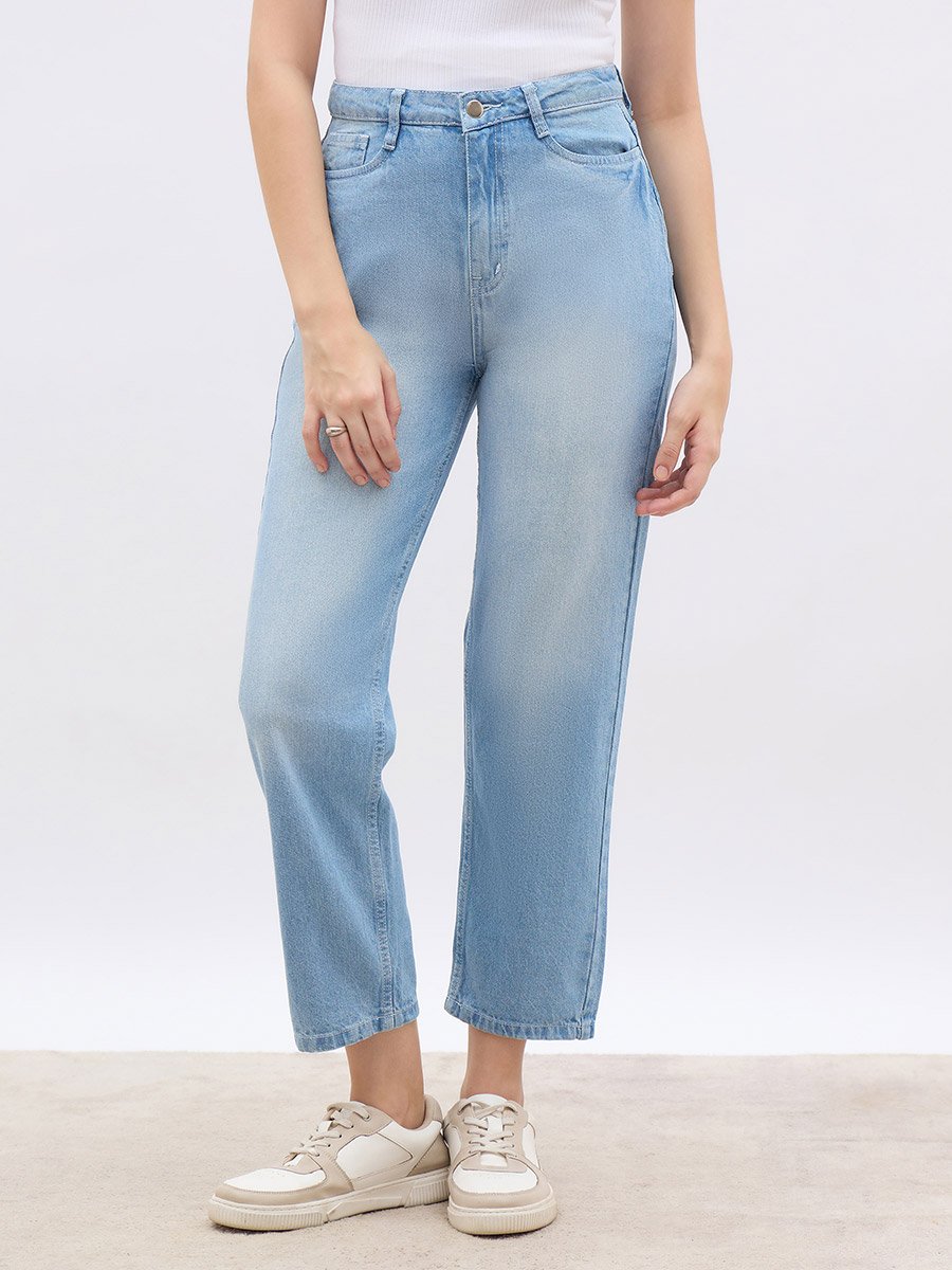 High Rise Faded Straight Fit Jeans