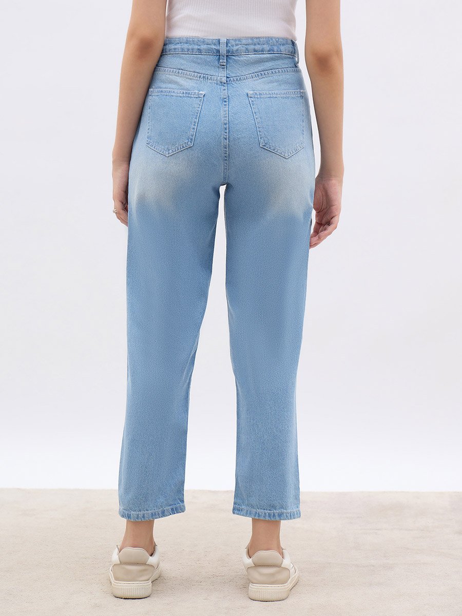 High Rise Faded Straight Fit Jeans