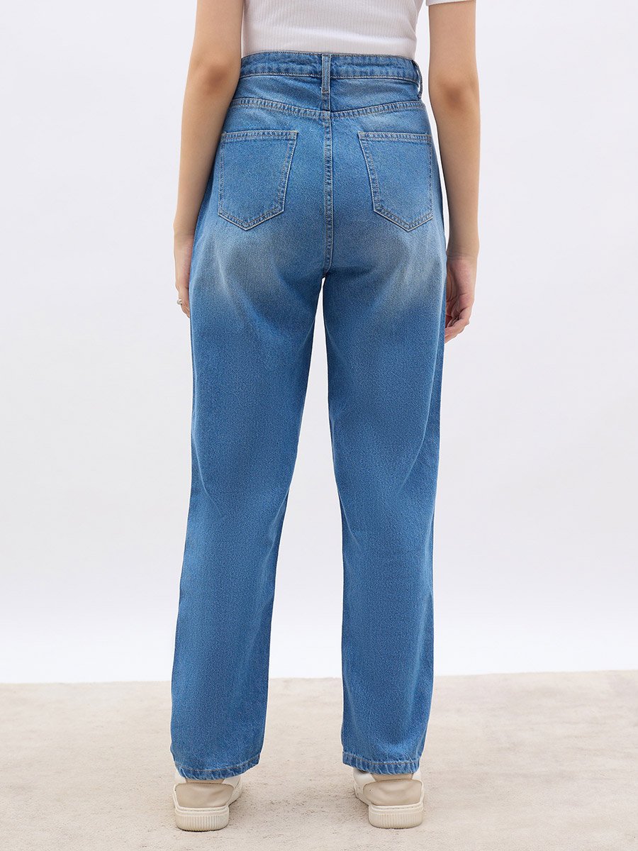 High Rise Faded Straight Fit Jeans