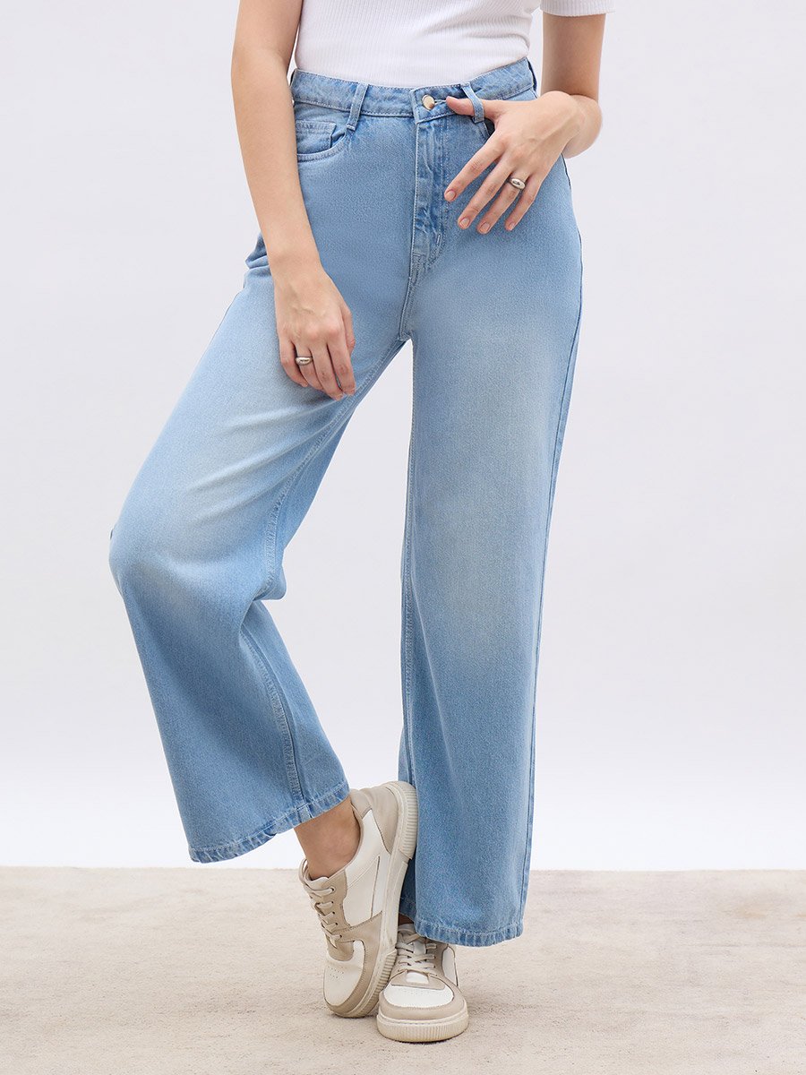 Blue High Rise Faded Wide Leg Jeans