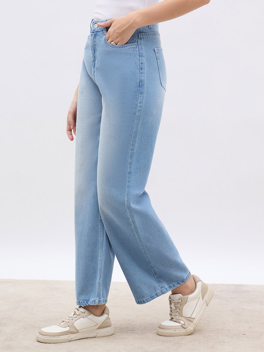 Blue High Rise Faded Wide Leg Jeans
