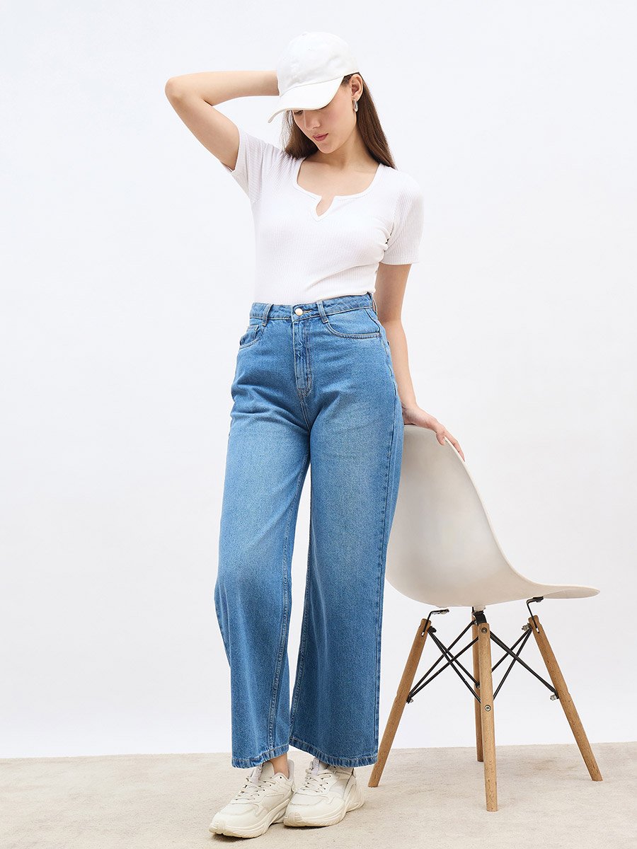 Blue High Rise Faded Wide Leg Jeans