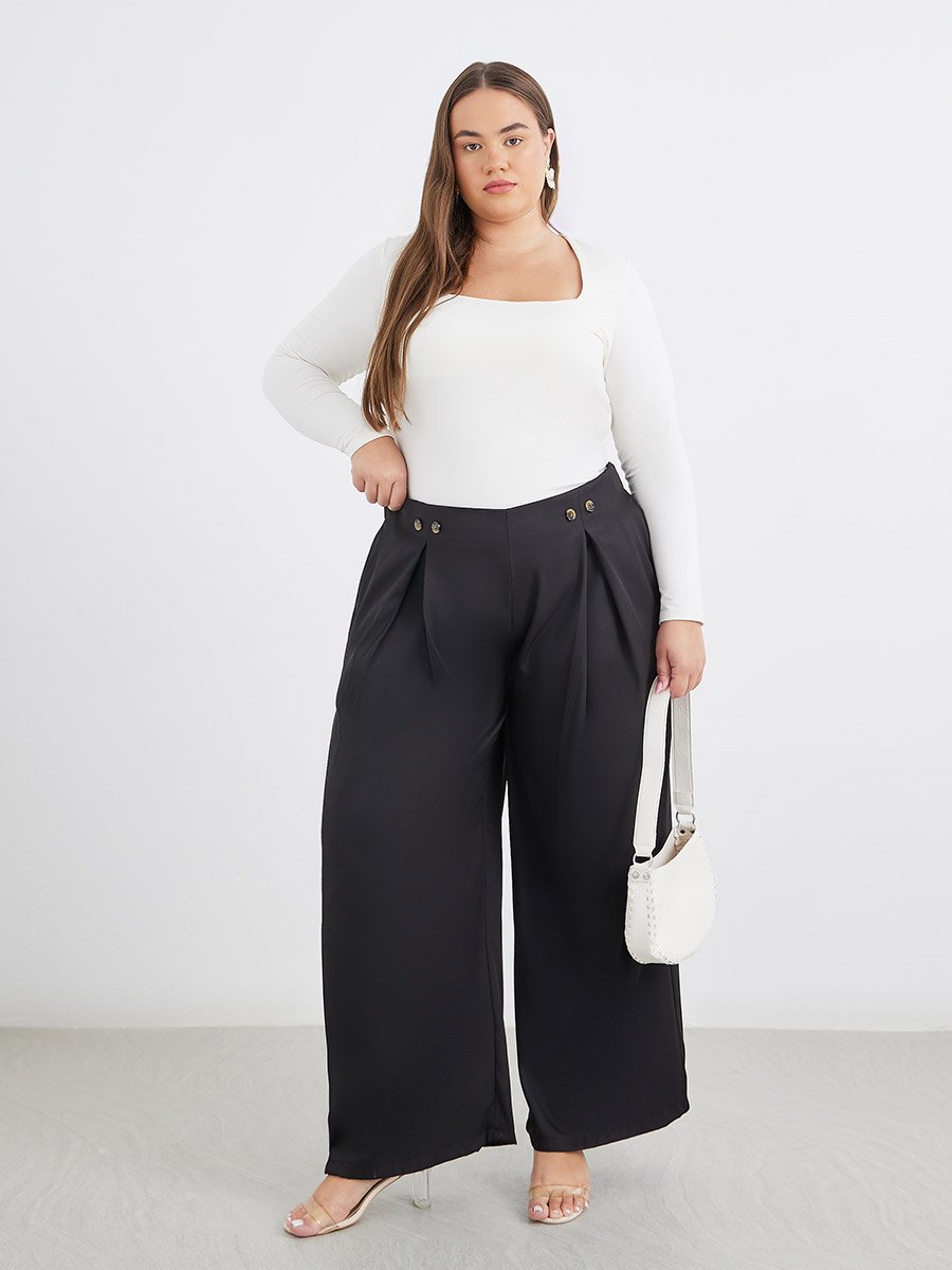 Plus Size Solid Pleated Wide Leg Pants with Button Detail