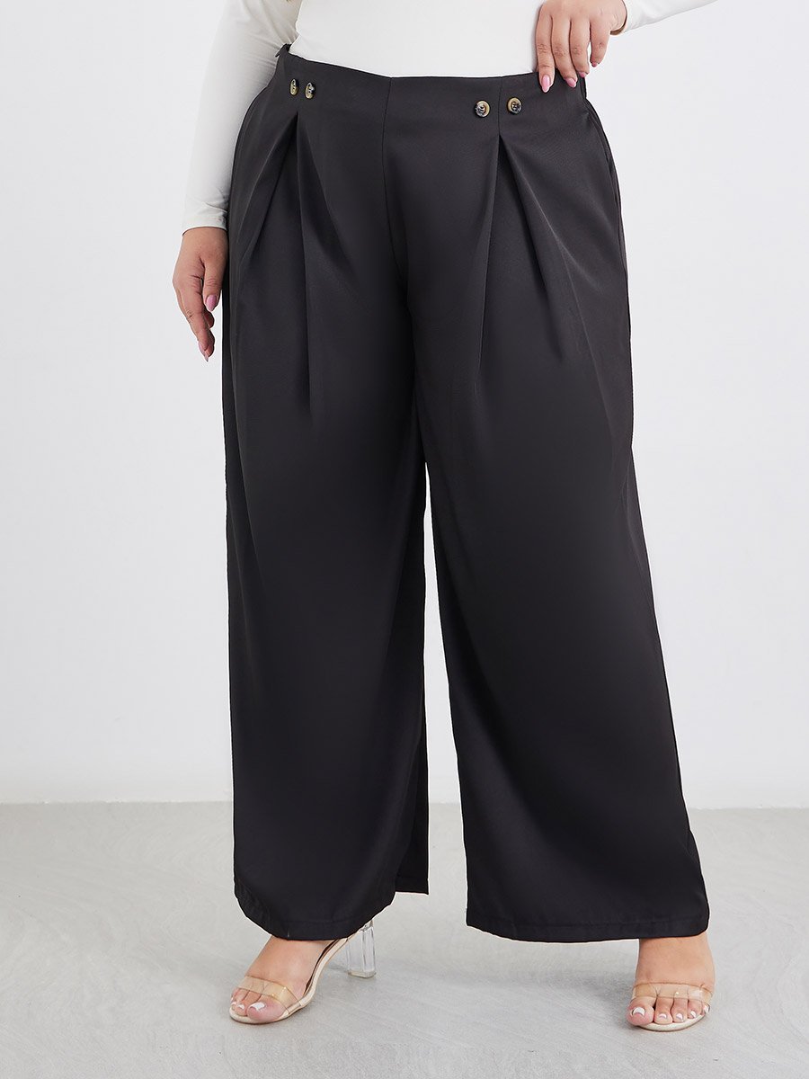 Plus Size Solid Pleated Wide Leg Pants with Button Detail