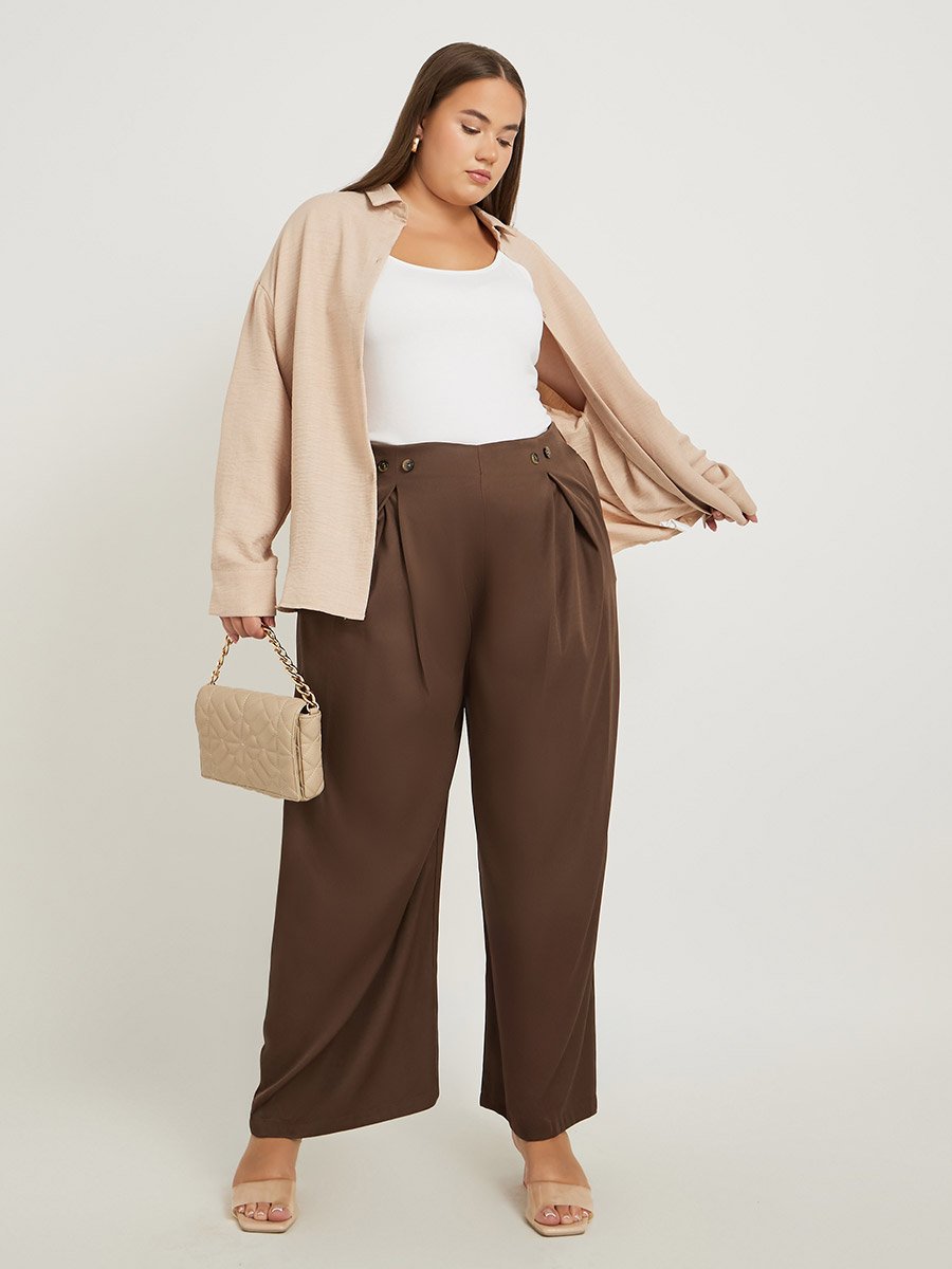 Plus Size Solid Pleated Wide Leg Pants with Button Detail