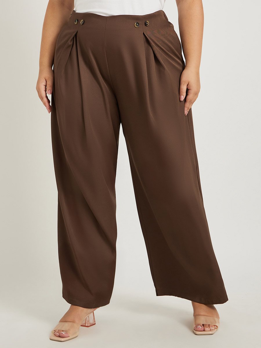Plus Size Solid Pleated Wide Leg Pants with Button Detail