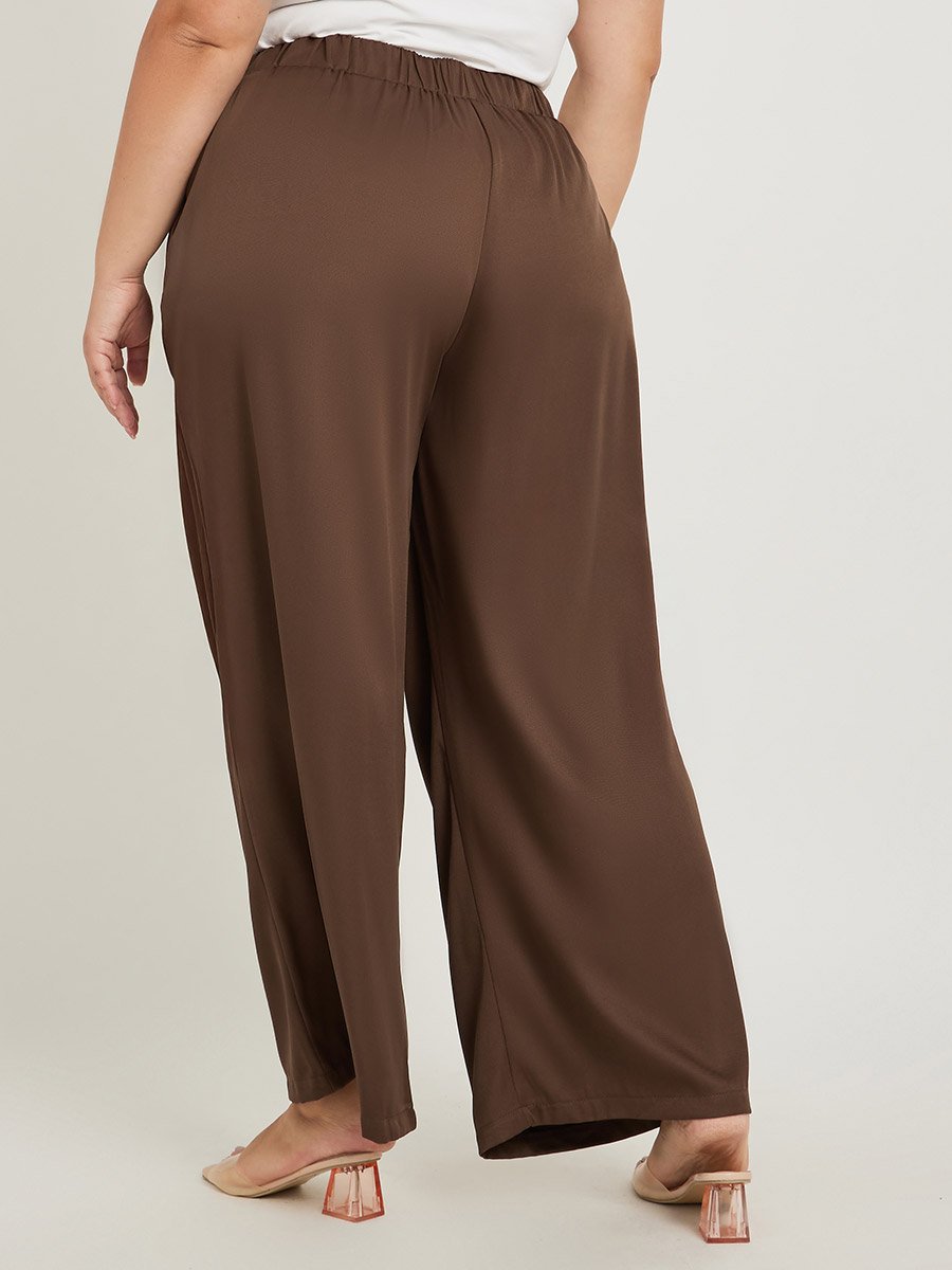 Plus Size Solid Pleated Wide Leg Pants with Button Detail