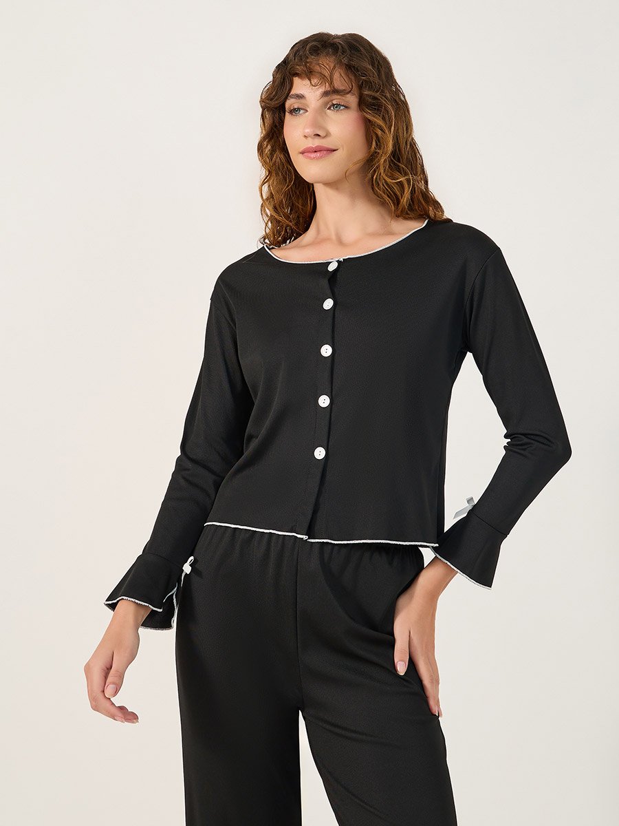 Solid Long Sleeve Button Front Pajama Set 